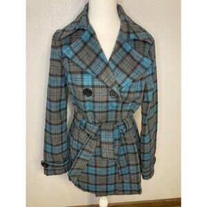 JOUJOU Double Breasted Plaid Pea Coat M Black Blue Jacket Belted Pockets Wool Bl